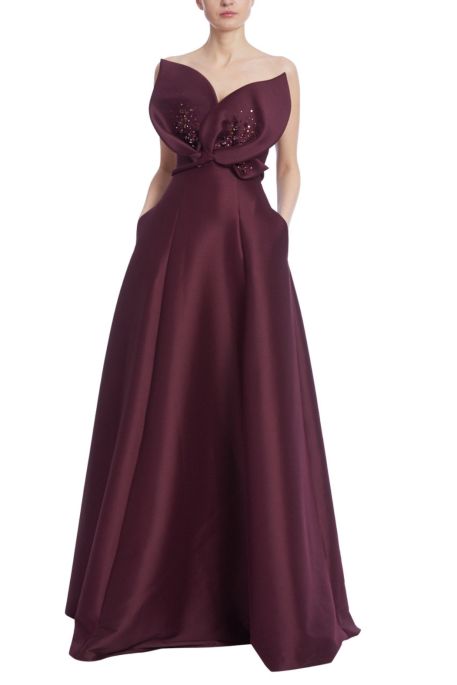 Badgley Mischka Beaded Petals Strapless With Side Pockets Evening Gown