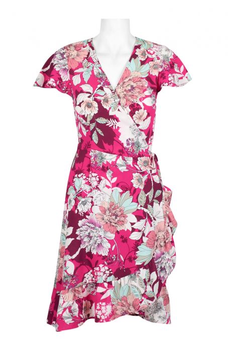 Ellen Tracy V-Neck Short Sleeve Ruffled Side Floral Print Textured Polyester Dress