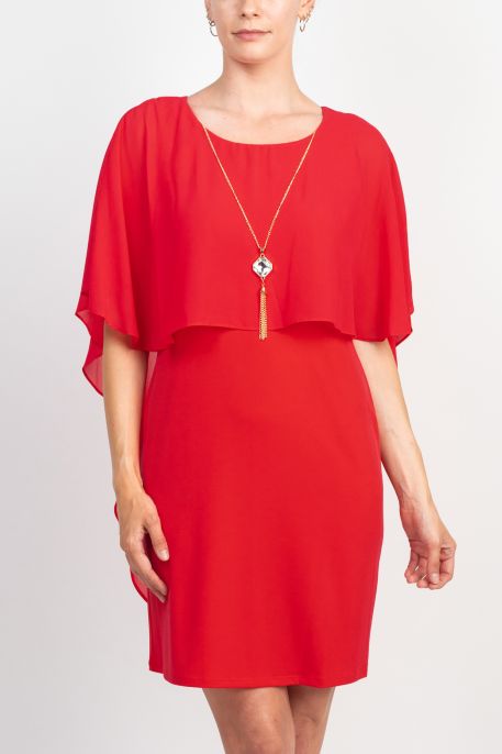 Glamour Crew Neck Chiffon Cape Short Sleeve Attached Necklace Short Dress