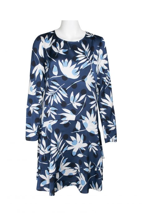 Maggy London Boat Neck Long Sleeve Tiered Keyhole Back Button Closure Floral Print Polyester Dress