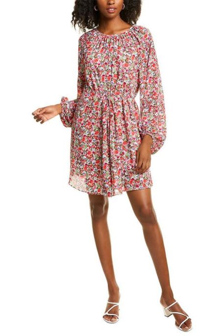 Maggy London Crew Neck Long Sleeve Gathered Elastic Cuff’s Tie Waist Floral Print Keyhole Back Button Closure Sift Crepe Dress