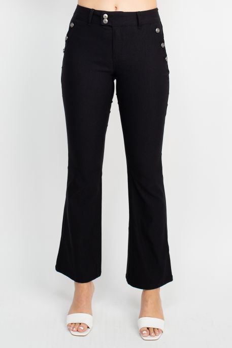 Sabrina Lauran NY Mid Waist Button Zipper Closure Belt Hoop Solid Stretch Denim Pants with Pockets