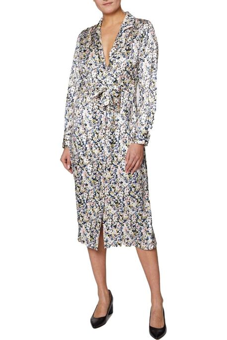 Laundry Collared Long Sleeve Button Down Tie Waist Floral Print Satin Dress