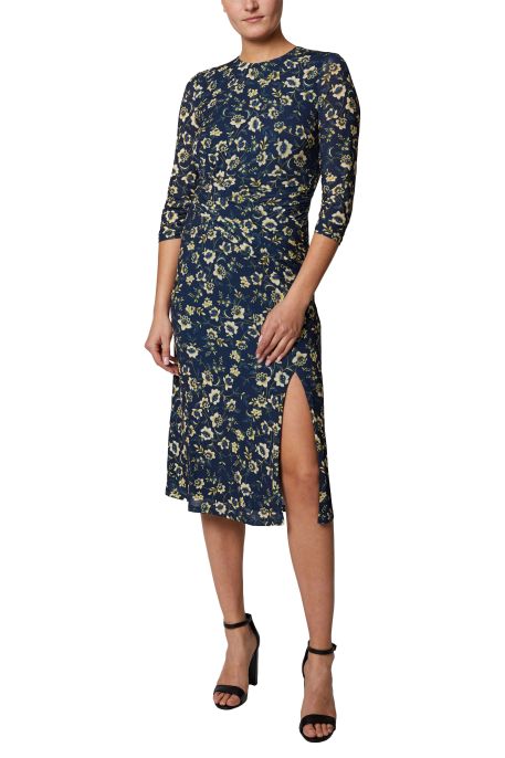 Laundry Crew Neck 3/4 Sleeve Gathered Side Zipper Back Slit Front Floral Print ITY Dress