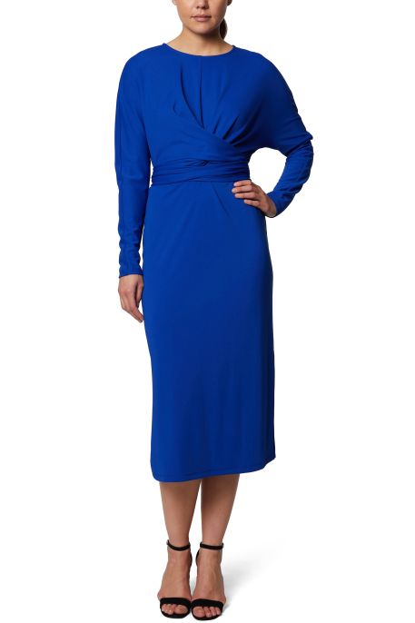 Laundry Crew Neck Long Sleeve Ruched Tie Waist Solid Lux Matte Jersey Dress