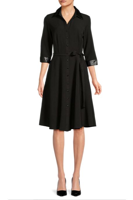 Sharagano pointed collar 3/4 sleeve button closure belted stretch crepe dress with pockets