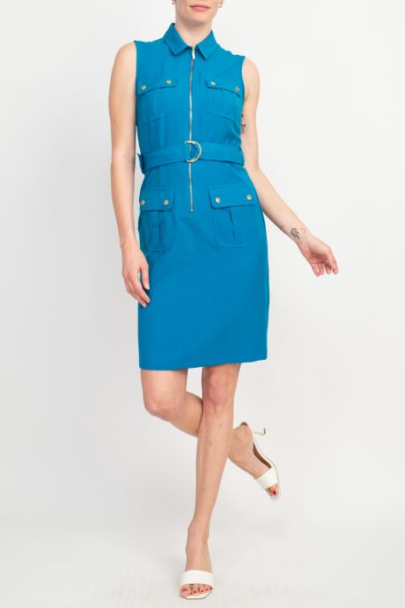 Sharagano Belted Zip Front Dress with Pockets