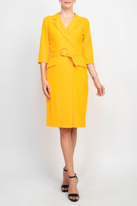 Sharagano notched collar 3/4 sleeve solid belted stretch crepe dress