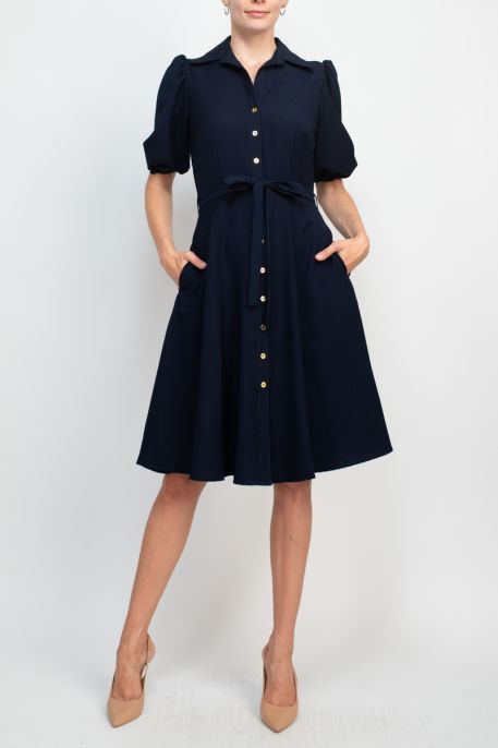 Sharagano collared short sleeve button front closure tie waist solid stretch crepe dress with pockets