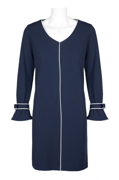 Sharagano Scoop Neck Long Sleeve Piping Detail Stretch Crepe Dress