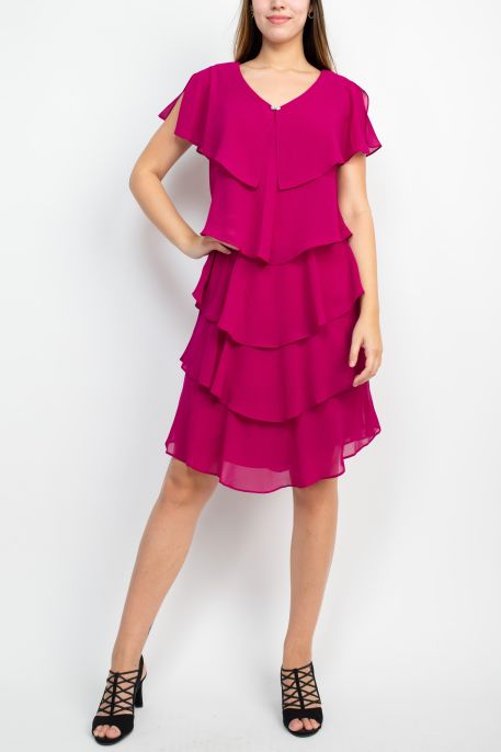 Ignite Evenings V-Neck Cape Sleeve Solid Tiered Chiffon Dress