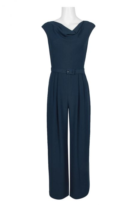 Gal Meets Glam Cowl Neck Cap Sleeve Belted Zipper Back Solid Jumpsuit