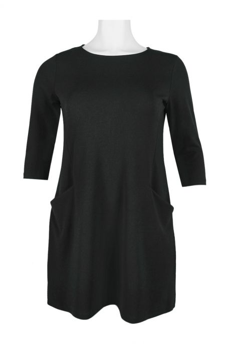Nina Leonard Crew Neck Long Sleeve Pockets Zipper Back Solid Stretch Crepe Dress (Plus Size)