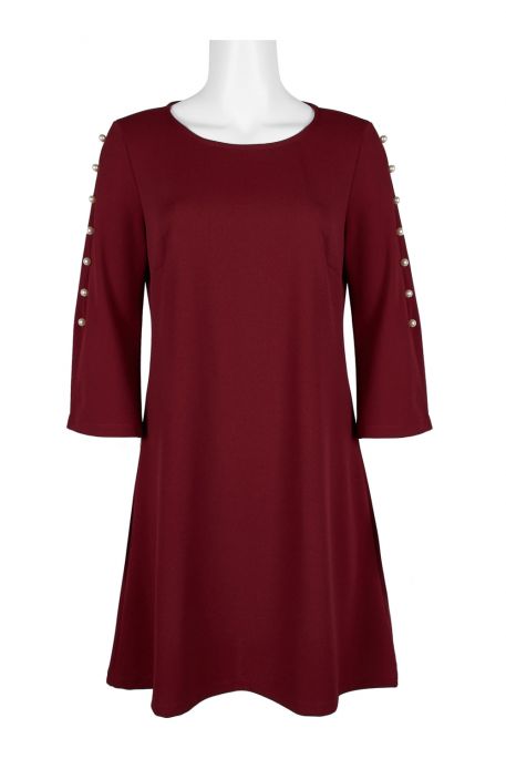 Nina Leonard Scoop Neck Embellished Long Sleeve Solid Stretch Crepe Dress