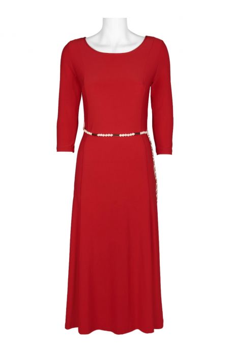 Nina Leonard Scoop Neck 3/4 Sleeve Waist Detail Solid Jersey Dress