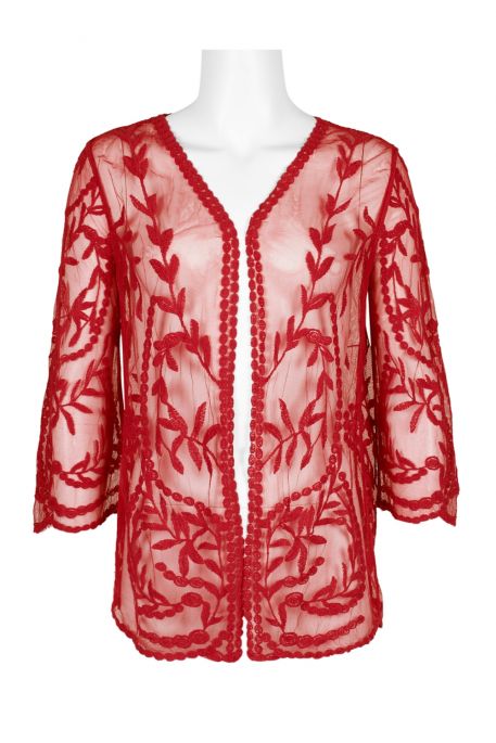 Nine Leonard V-Neck Open Front 3/4 Sleeve Floral Embroidered Mesh Jacket