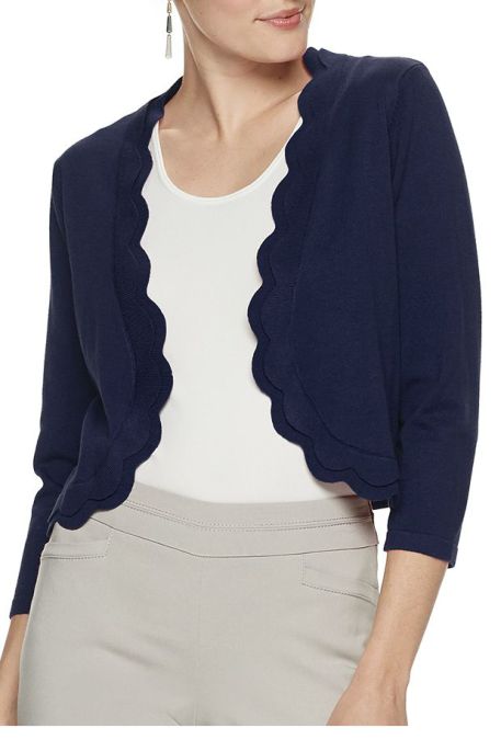 Nina Leonard Scalloped Open Front 3/4 Sleeve Solid Rayon Knit Jacket