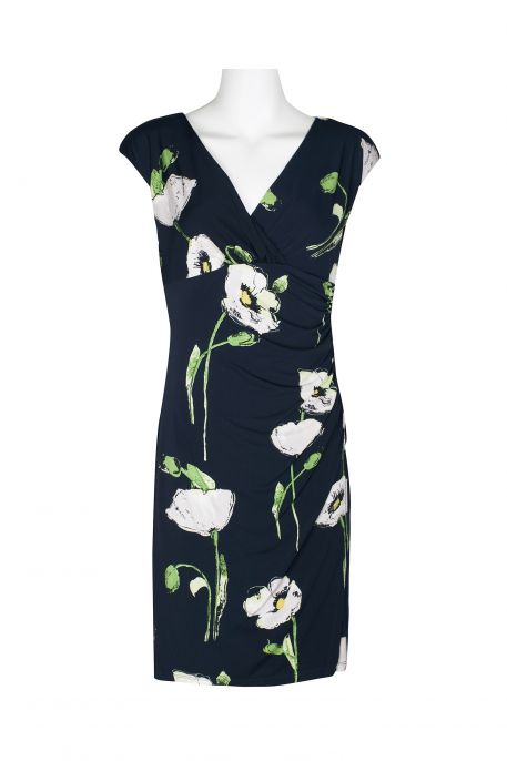 Catherine Malandrino V-Neck Sleeveless Gathered Side Floral Print Jersey Dress
