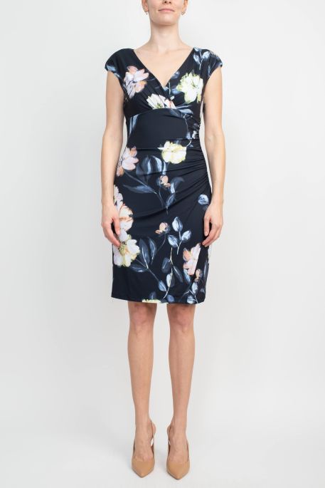 Catherine Malandrino V- Neck Gathered Side Cap Sleeve Floral Print Jersey Dress
