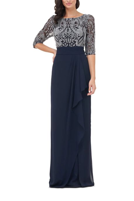 JS Collections Boat Neck 3/4 Sleeve Embroidered Illusion Bodice Draped Front Pleated Waist Zipper Back Crepe Long Dress