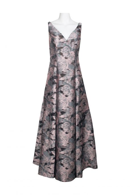 Aidan Mattox V-Neck Sleeveless Box Pleat Zipper Back Embroidered Jacquard Dress