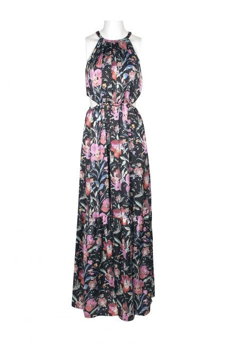 Aidan Mattox Halter Neck Ruched A-Line Elastic Waist Sleeveless Floral Print Zipper Back Satin Dress
