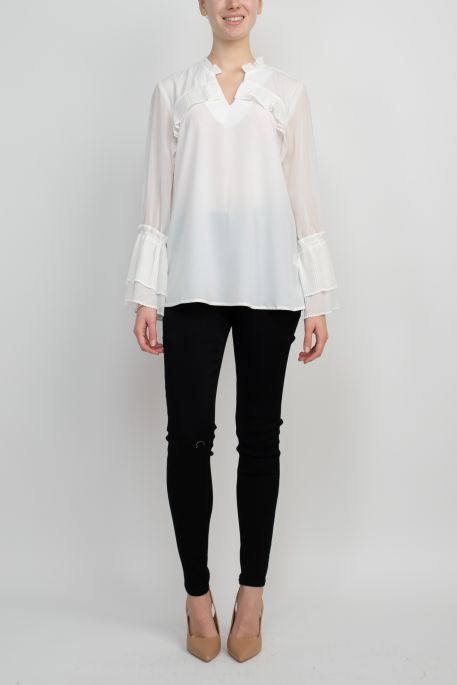 Melissa Paige Ruffled  V-Neck Long Sleeve Polyester Top