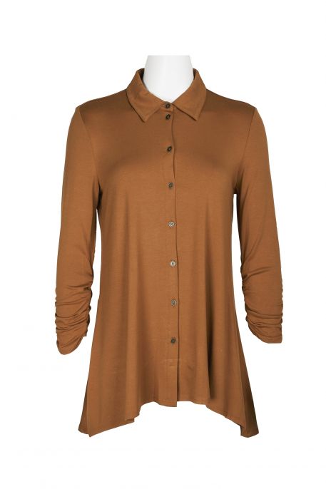 Cupio Collared Ruched Long Sleeve Button Down Solid ITY Shirt