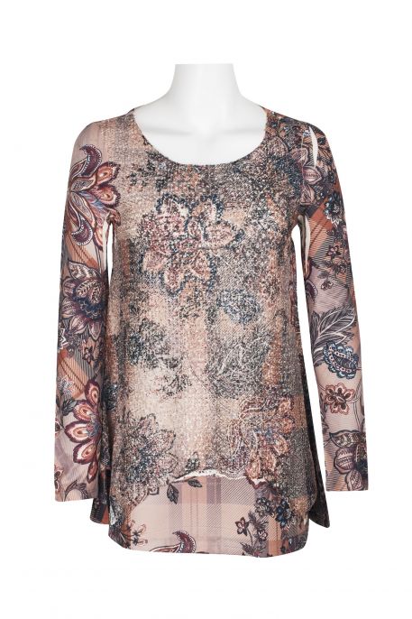 Cupio Scoop Neck Long Sleeve Embroidered Multi Print ITY Top