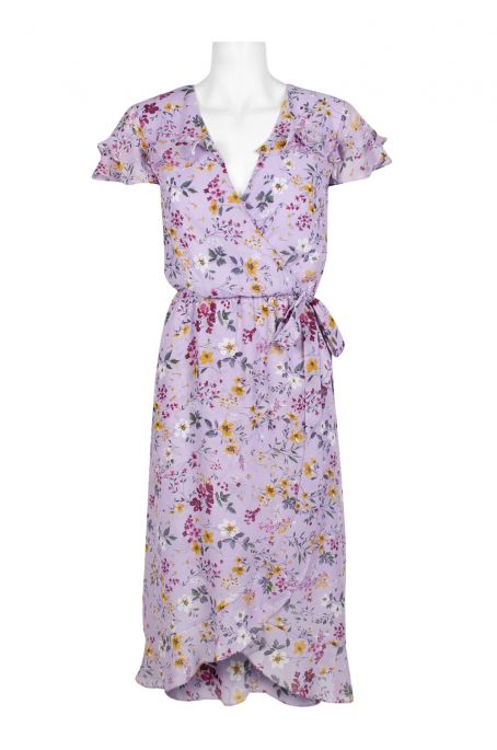 Perceptions V-Neck Short Sleeve Tie Side Floral Print Chiffon Dress