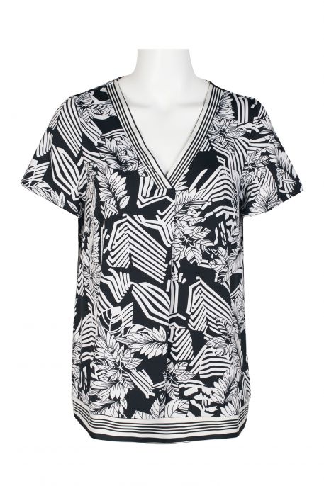 Perceptions V-Neck Banded Short Sleeve Pleated Front Multi Print Jersey Top