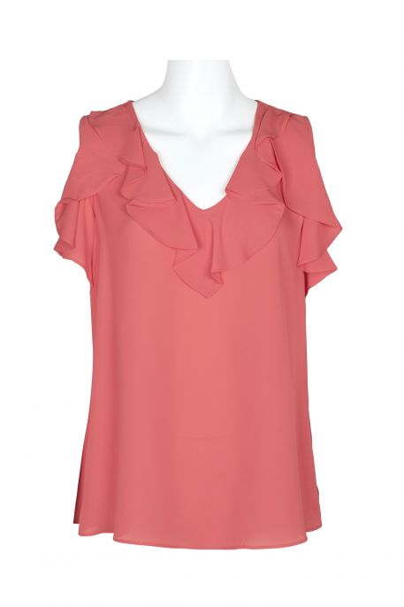 London Times V-Neck Sleeveless Ruffled Neck Solid Crepe Top