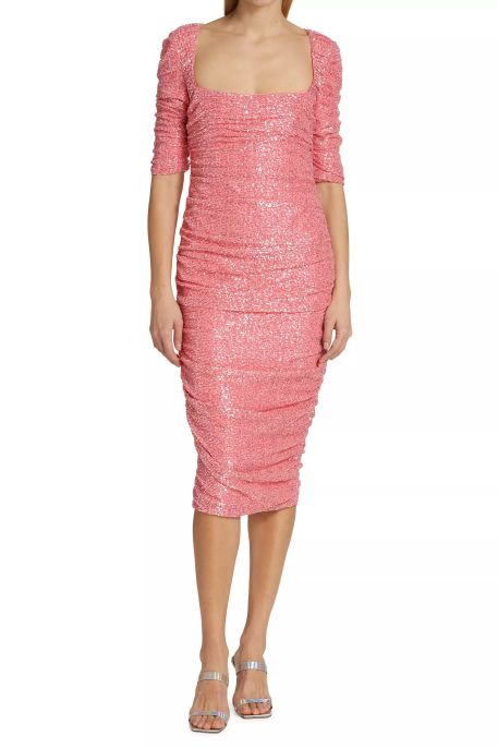 Badgley Mischka square neck elbow sleeve zipper closure ruched sequined dress