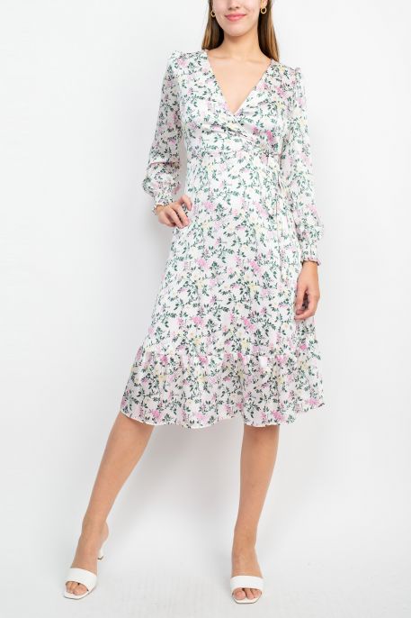 Sage Collective V-Neck Tie Side Long Sleeve Ruffled Cuff And Sleeve Floral Print Satin Dress