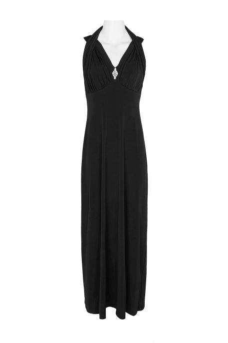 Connected Apparel Crossed Neck Sleeveless Jewelry Front Detail Ruched Empire Waist Solid Jersey Dress