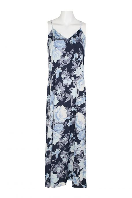 Connected Apparel V-Neck Spaghetti Strap Floral Print Satin Dress with Pockets