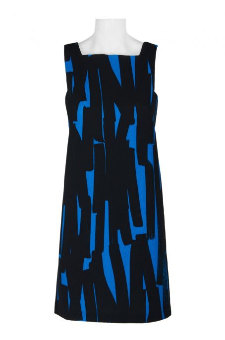 London Times Square Neck Sleeveless Brush Stroke Print Pique Dress