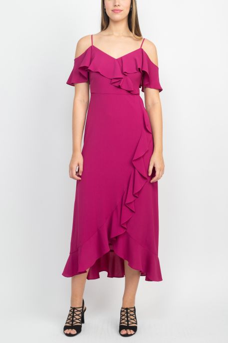 London Times Spaghetti Strap Ruffled Solid Fit and Flare Catalina Crepe Dress