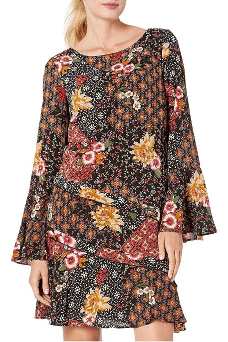 London Times Boat Neck Circular Flounce Sleeve Tiered Zipper Back Floral Print Polyester Dress