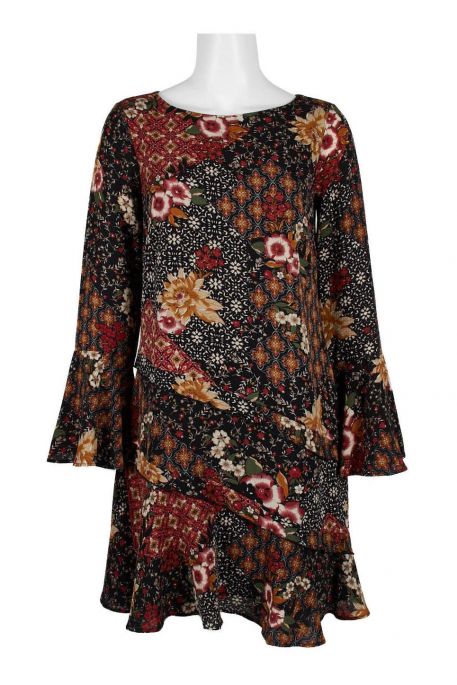 London Times Boat Neck Circular Flounce Sleeve Tiered Zipper Back Floral Print Polyester Dress