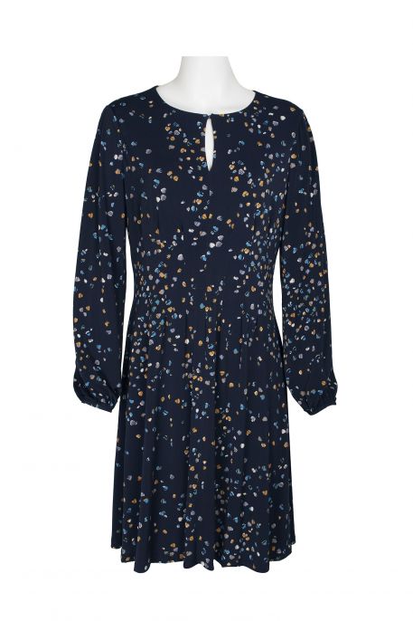 London Times Crew Neck Keyhole Front Long Elastic Cuff Sleeve Pleated Printed ITY Dress