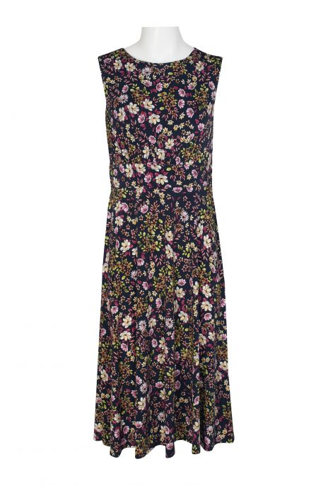 London Times Crew Neck Sleeveless Banded Waist Zipper Back Floral Print Fit & Flare Matte Jersey Dress