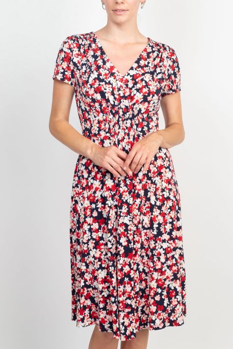 London Times V-Neck Short Sleeve Elastic Waist Floral Print Short Jersey Dress