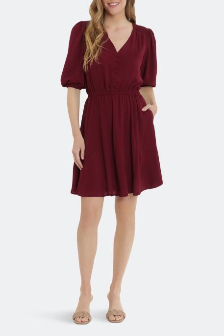 London Times V-Neck Faux Button Front 3/4 Sleeve Elastic Cuff’s Elastic Waist A-Line Dress
