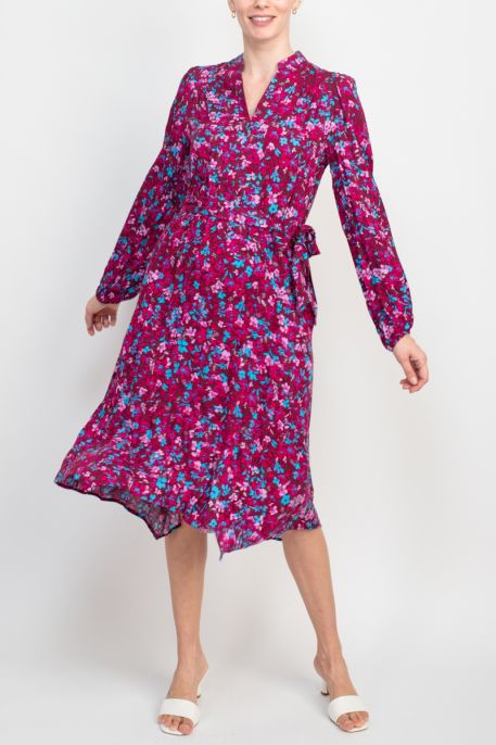 London Times Split Neck Long Sleeve Elastic Cuff’s Tie Waist Ruched Back Floral Print Rayon Dress