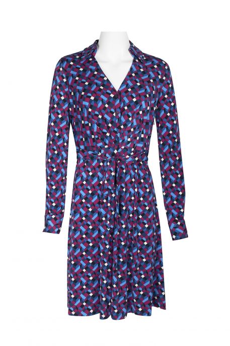 London Times Collared V-Neck Buttoned Front Long Sleeve Buttoned Cuff’s Tie Waist A-Line Multi Print ITY Dress