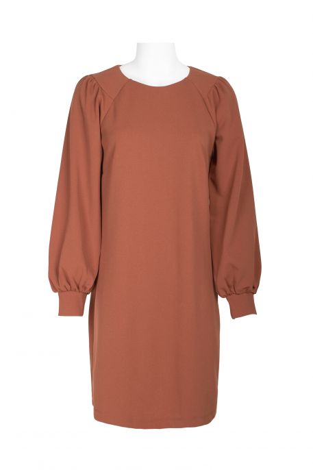 London Times Collared Crew Neck long Sleeve Banded Cuff’s Zipper Back Solid Shift Crepe Dress