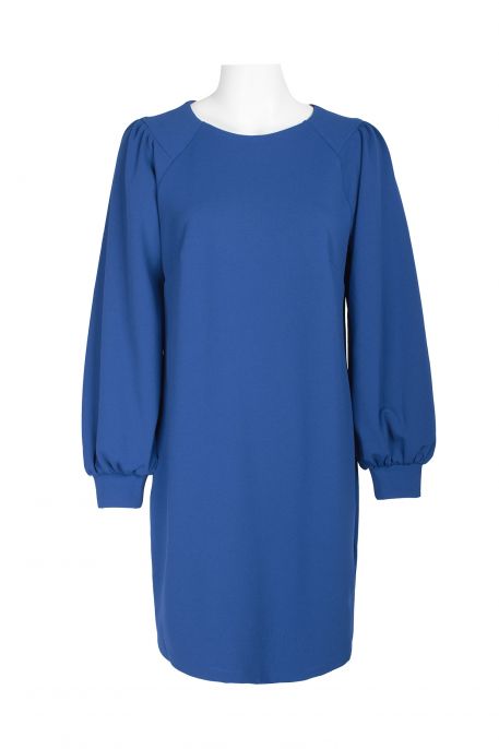 London Times Collared Crew Neck long Sleeve Banded Cuff’s Zipper Back Solid Shift Crepe Dress