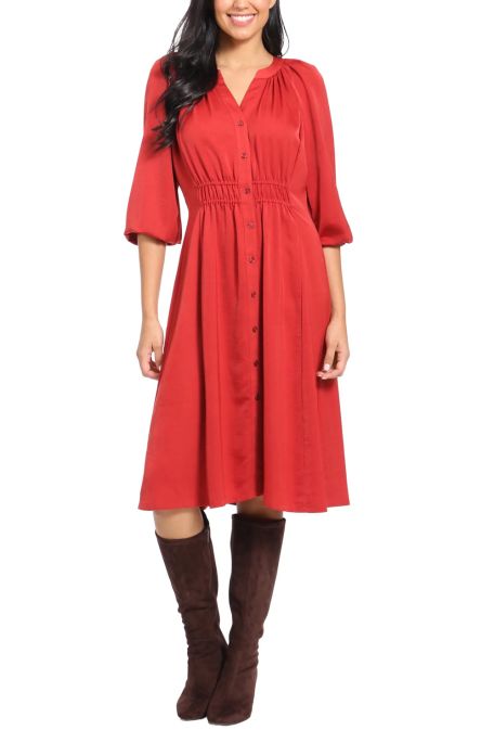 London Times Notched Collar With Band Neck Line Center Front Button Placket Gathered Waist Detail 3/4 Baloon Sleeves Midi Dress
