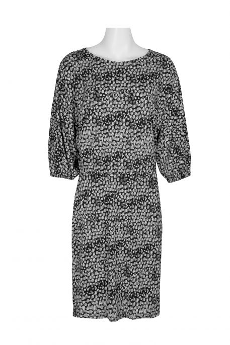 London Times Boat Neck Dolman Elastic Cuff 3/4 Sleeve Blouson Multi Print Crepe Dress